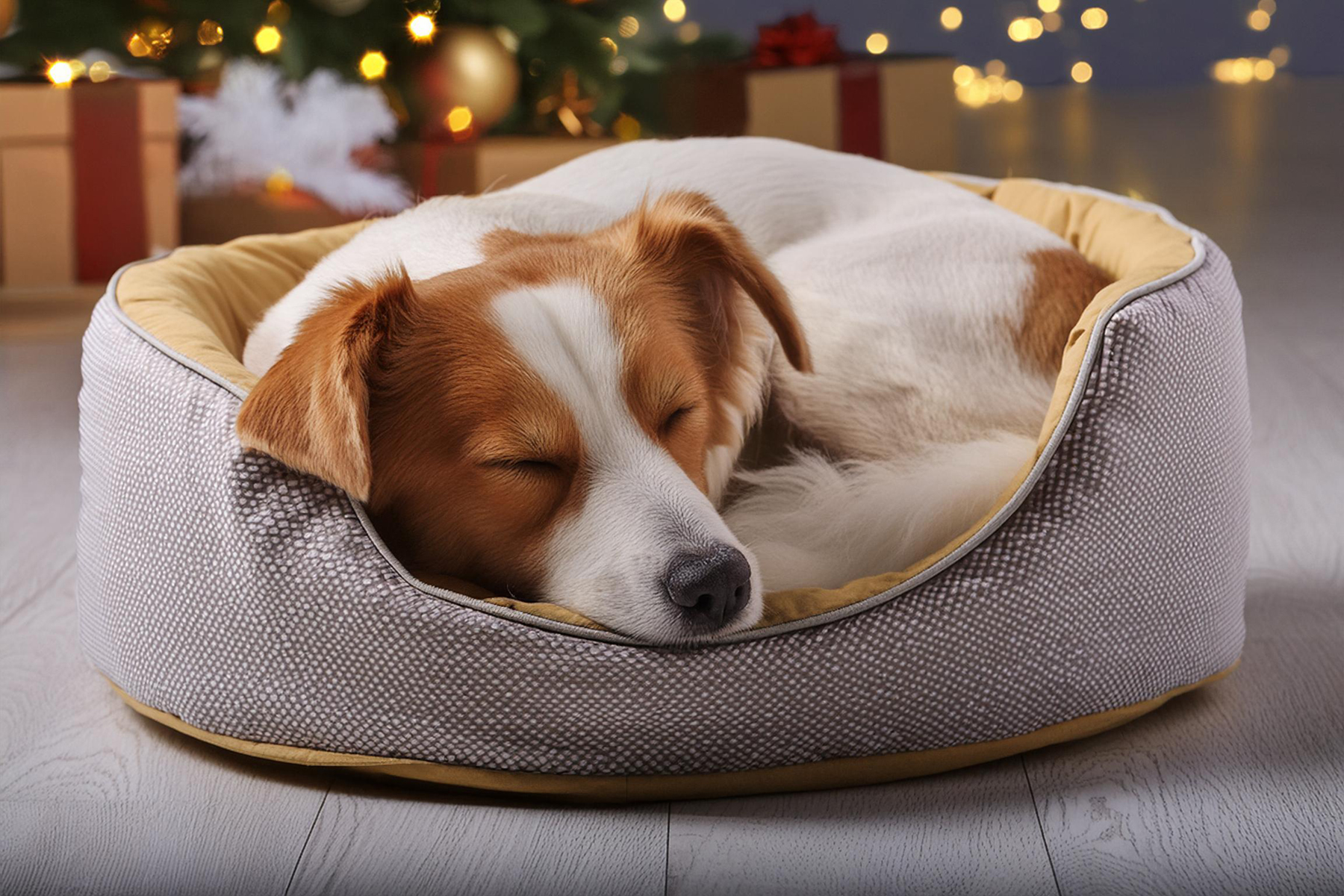 A sleeping dog curled up in a dog bed