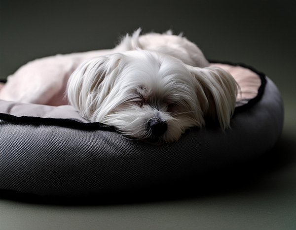 Maltese-schitzu dog sleeping on a dog bed