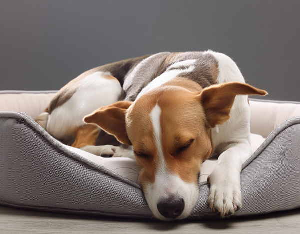 Medium sized dog sleeping on a dog bed